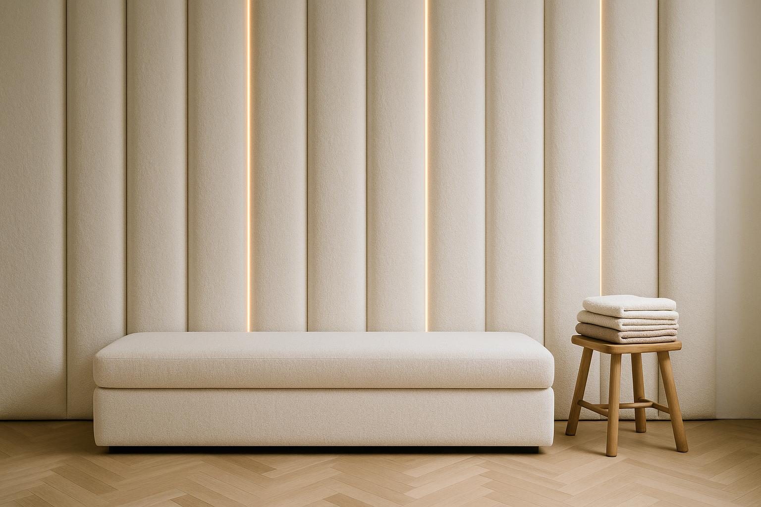 Off-white upholstered channel wall panels with warm integrated LED lighting above a matching bench