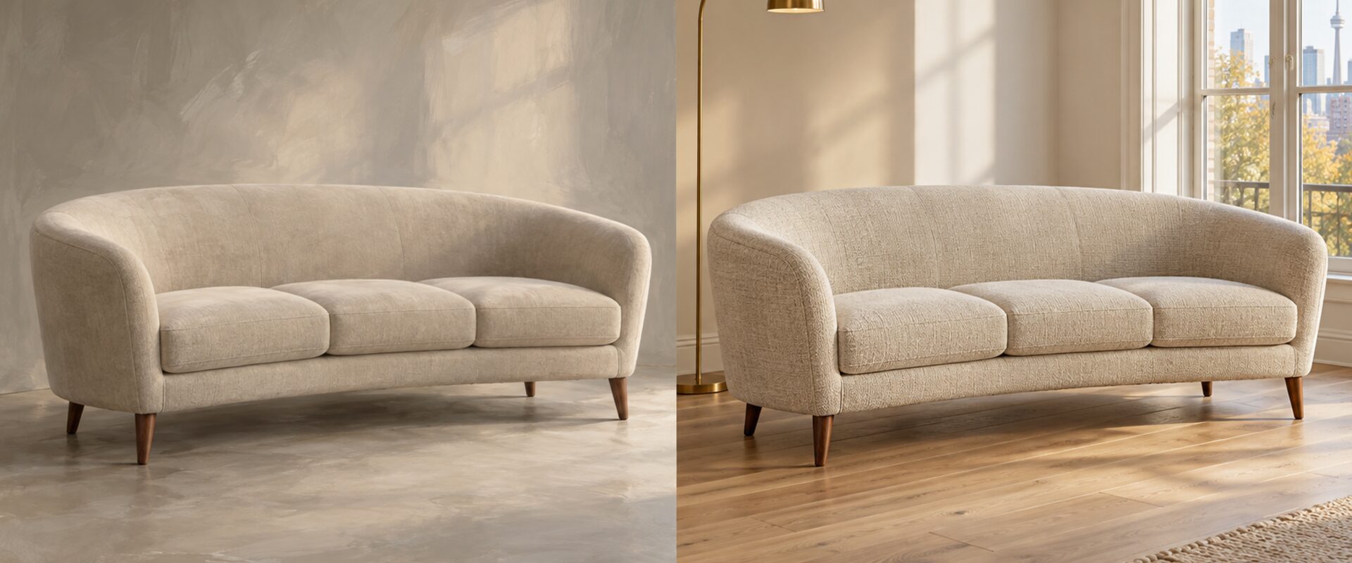 Two views of the same curved sofa: a soft concept render on the left and the finished piece in a sunlit living room on the right