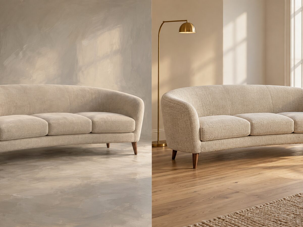 A curved sofa in oat fabric on walnut legs in a bright living room
