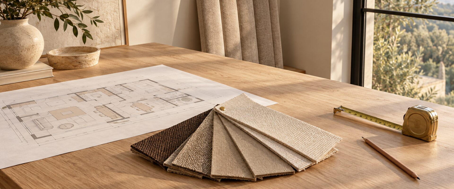 A drafting table with a fabric swatch book, a tape measure and a printed drawing of an upholstered bench