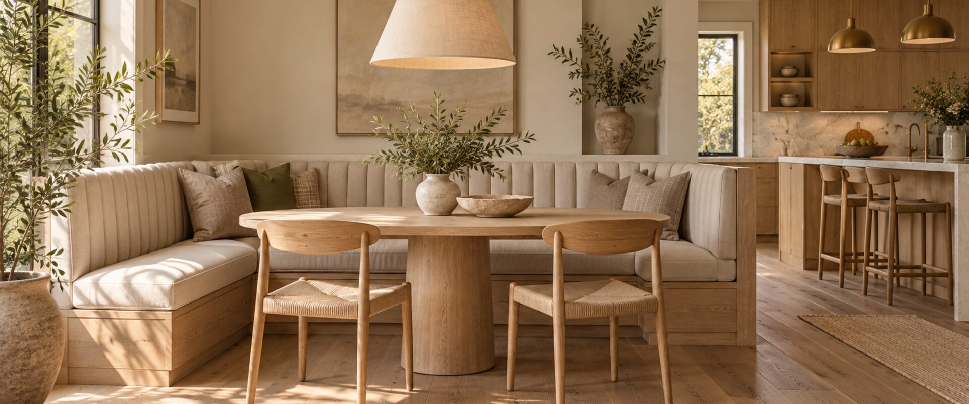 A built-in kitchen banquette in a light fabric wrapping a corner window, with a wooden table and morning light