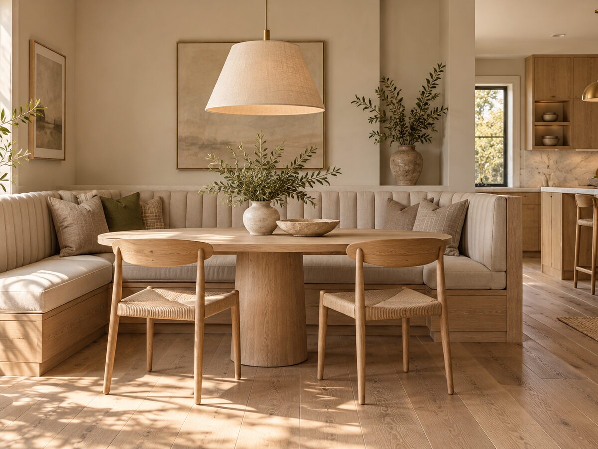 A built-in kitchen banquette in a light fabric wrapping a window corner, with a wooden table
