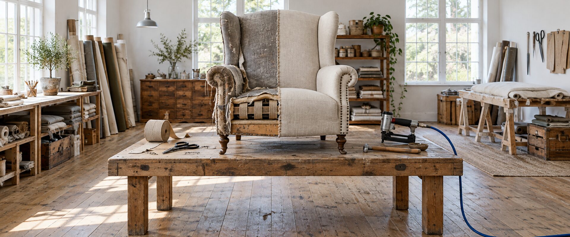 An armchair on a workbench, half covered in new oatmeal fabric, with tools and a roll of webbing beside it
