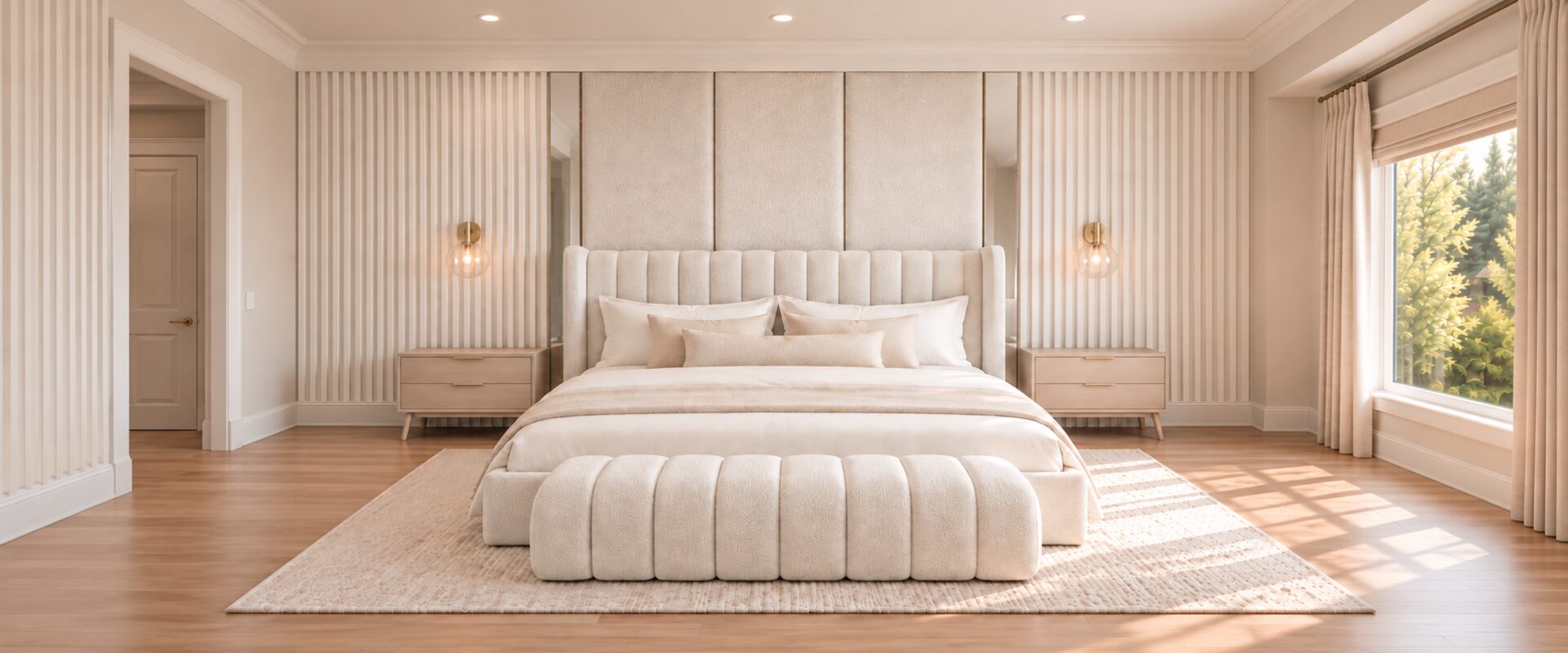 A wall of tall vertical upholstered panels in an oat fabric with a soft glow between them, behind a low bed with a bench at its foot