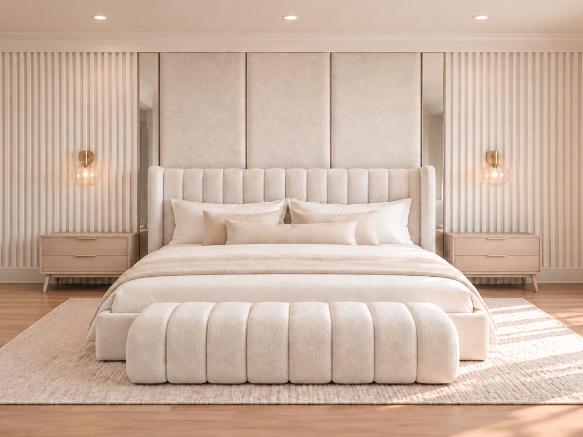 A wall of tall vertical upholstered panels with a soft glow between them, behind a low bed