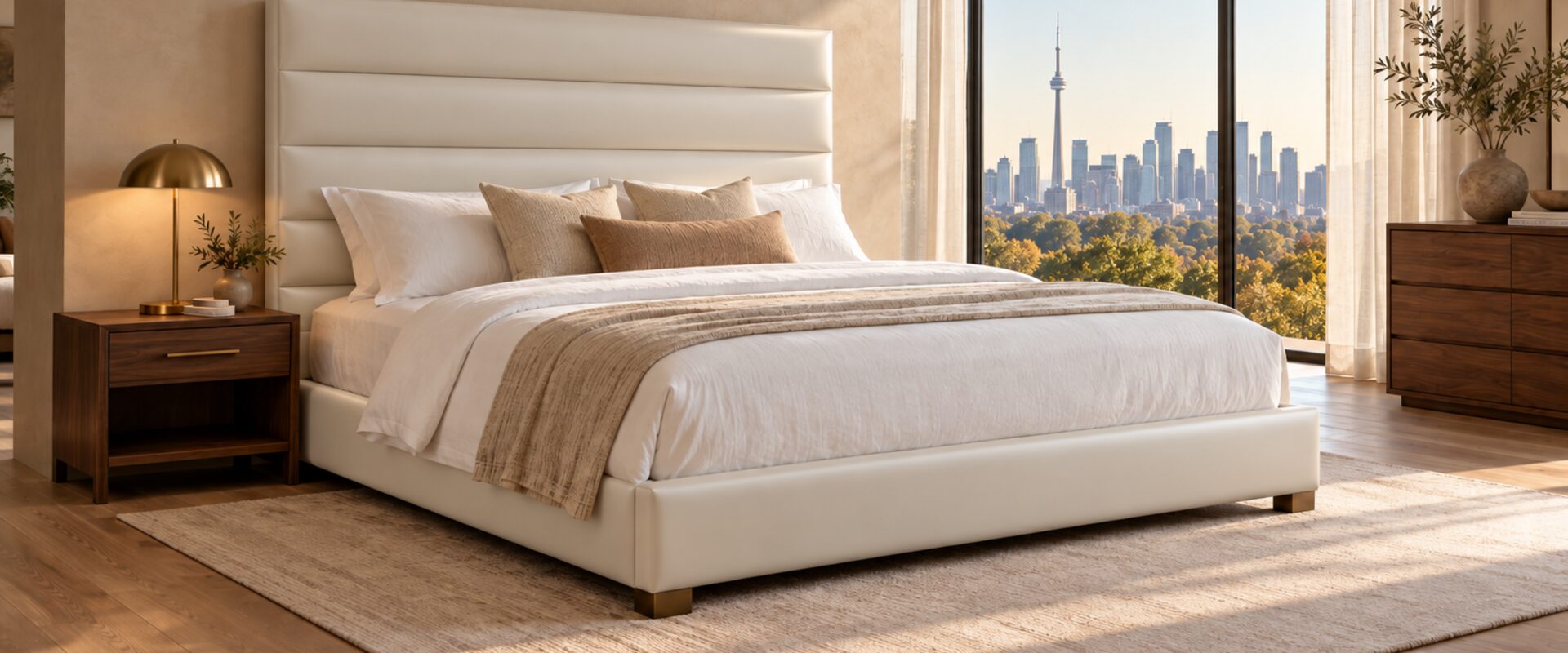 A white platform bed with a tall horizontal channel headboard in a bedroom with a walnut nightstand and morning light from a tall window