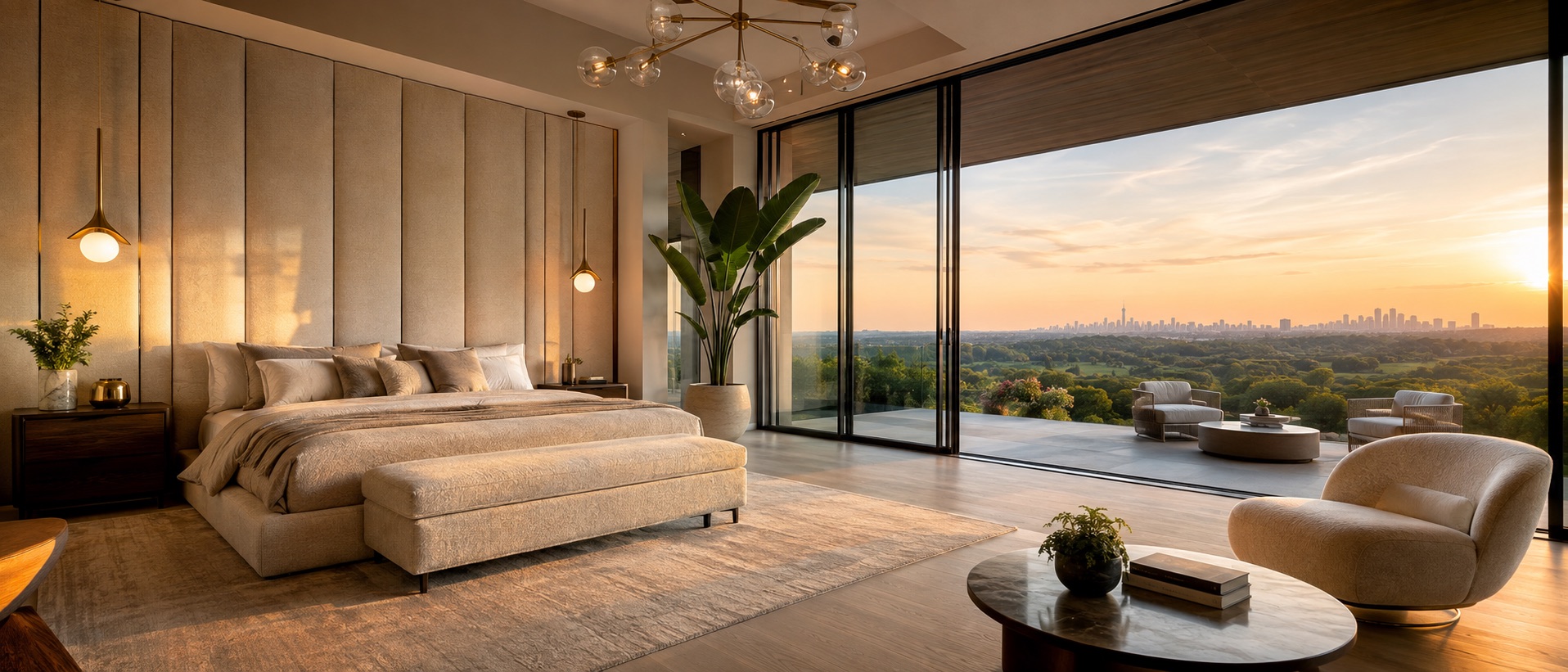 A golden-hour bedroom suite with a full wall of tall channel-upholstered panels behind the bed, a matching upholstered bench, and floor-to-ceiling windows opening to a terrace with the Toronto skyline at sunset