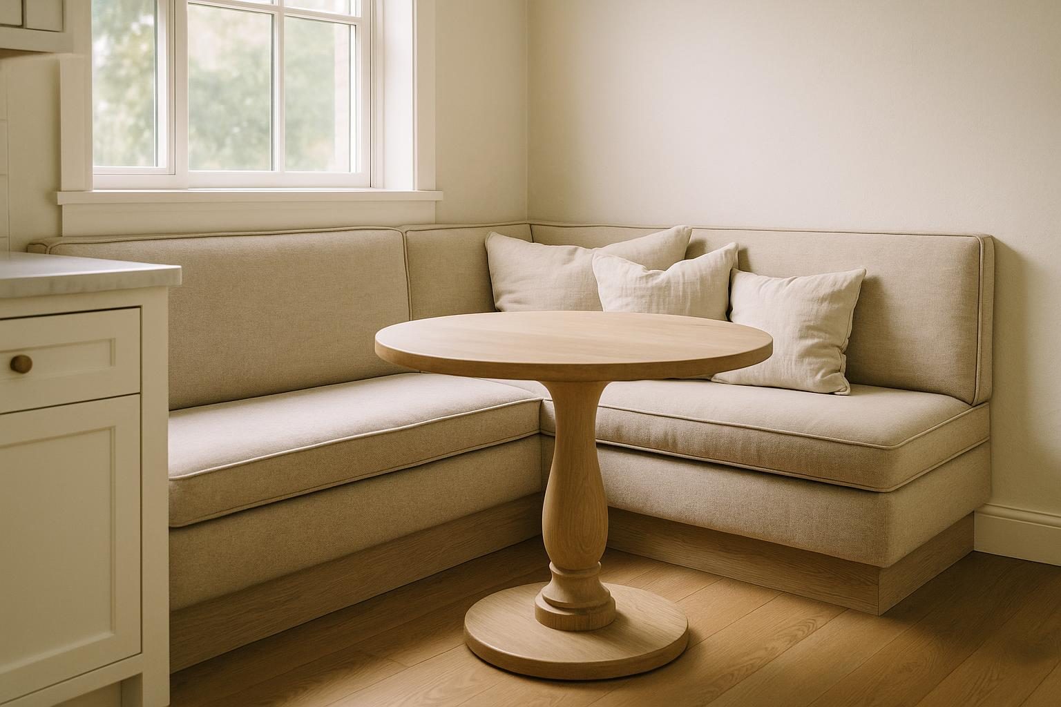 Custom L-shaped kitchen banquette in oatmeal fabric around an oak pedestal table