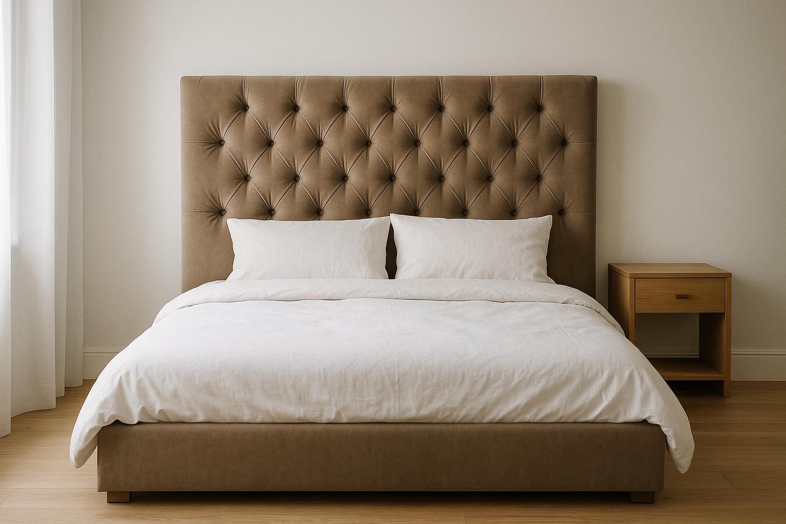 Custom diamond-tufted taupe velvet bed with a full upholstered base, built by Maple Zen