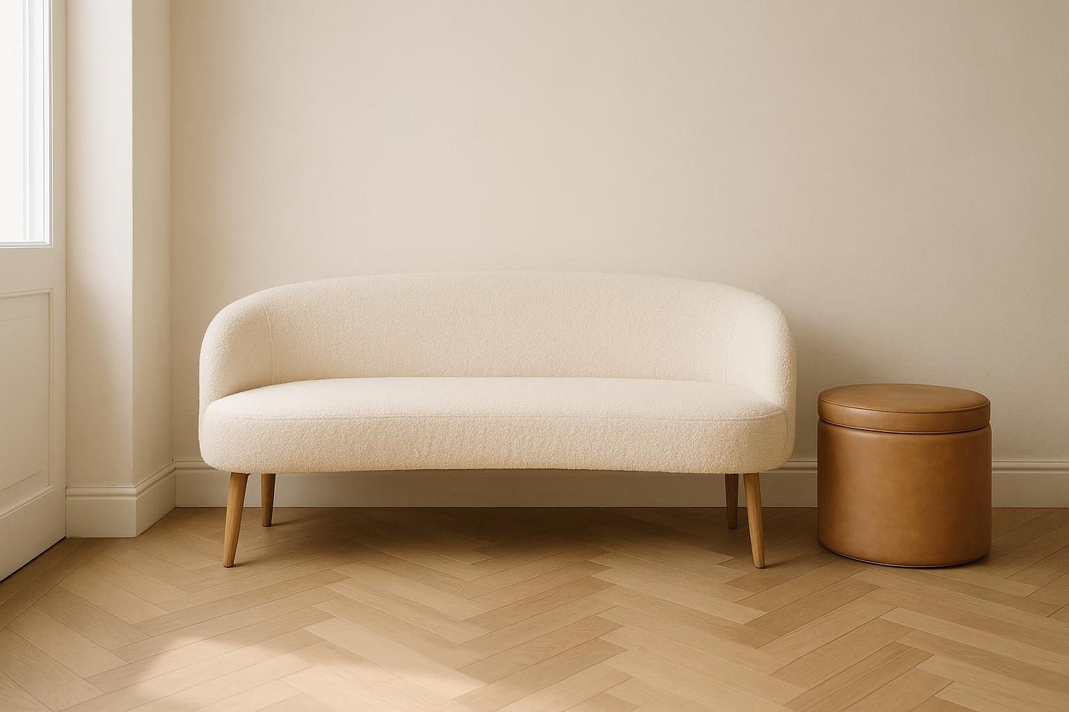 Curved cream boucle bench and caramel leather storage ottoman in a bright entryway