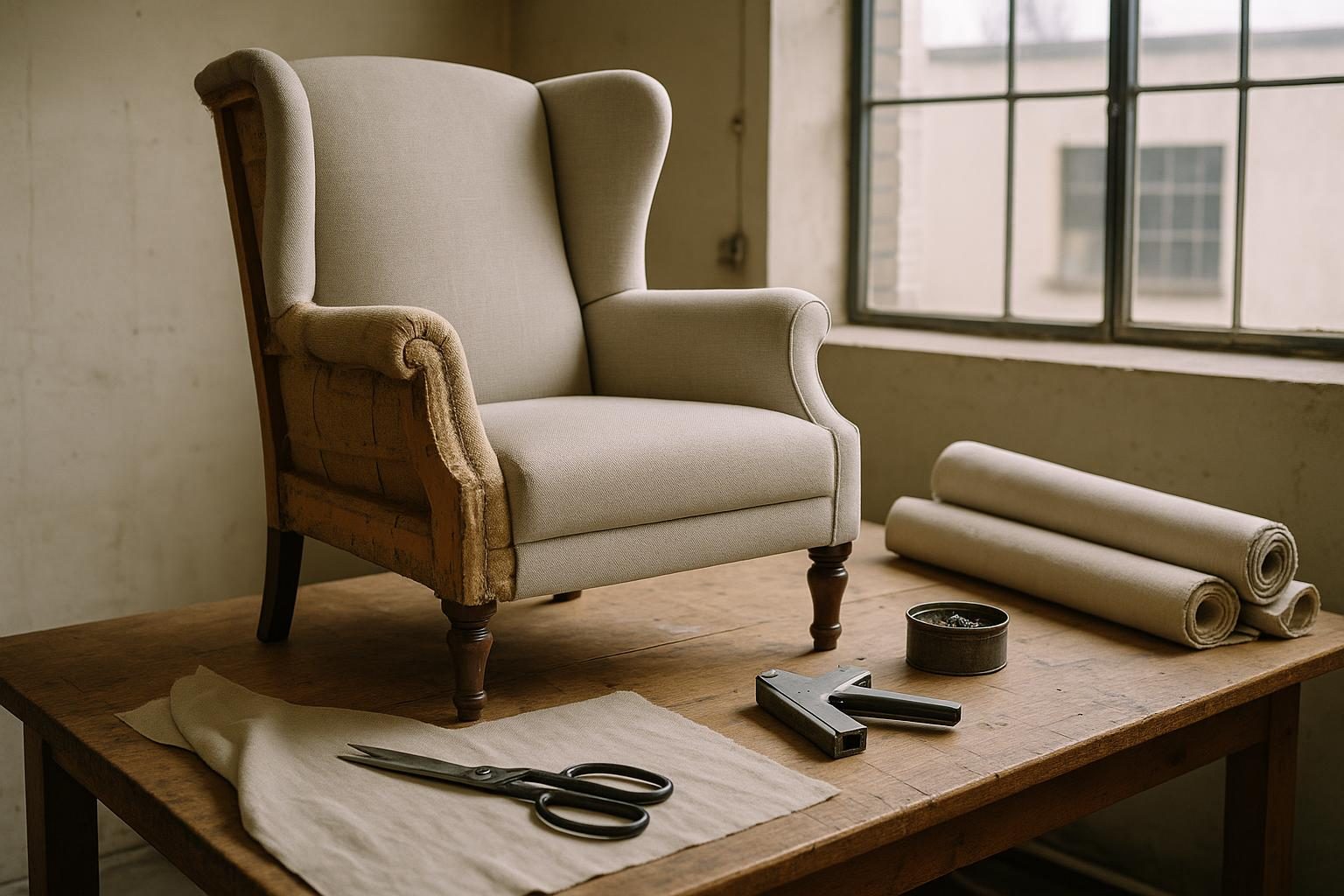 A wingback armchair mid-reupholstery on the Maple Zen workbench, new oatmeal fabric half fitted