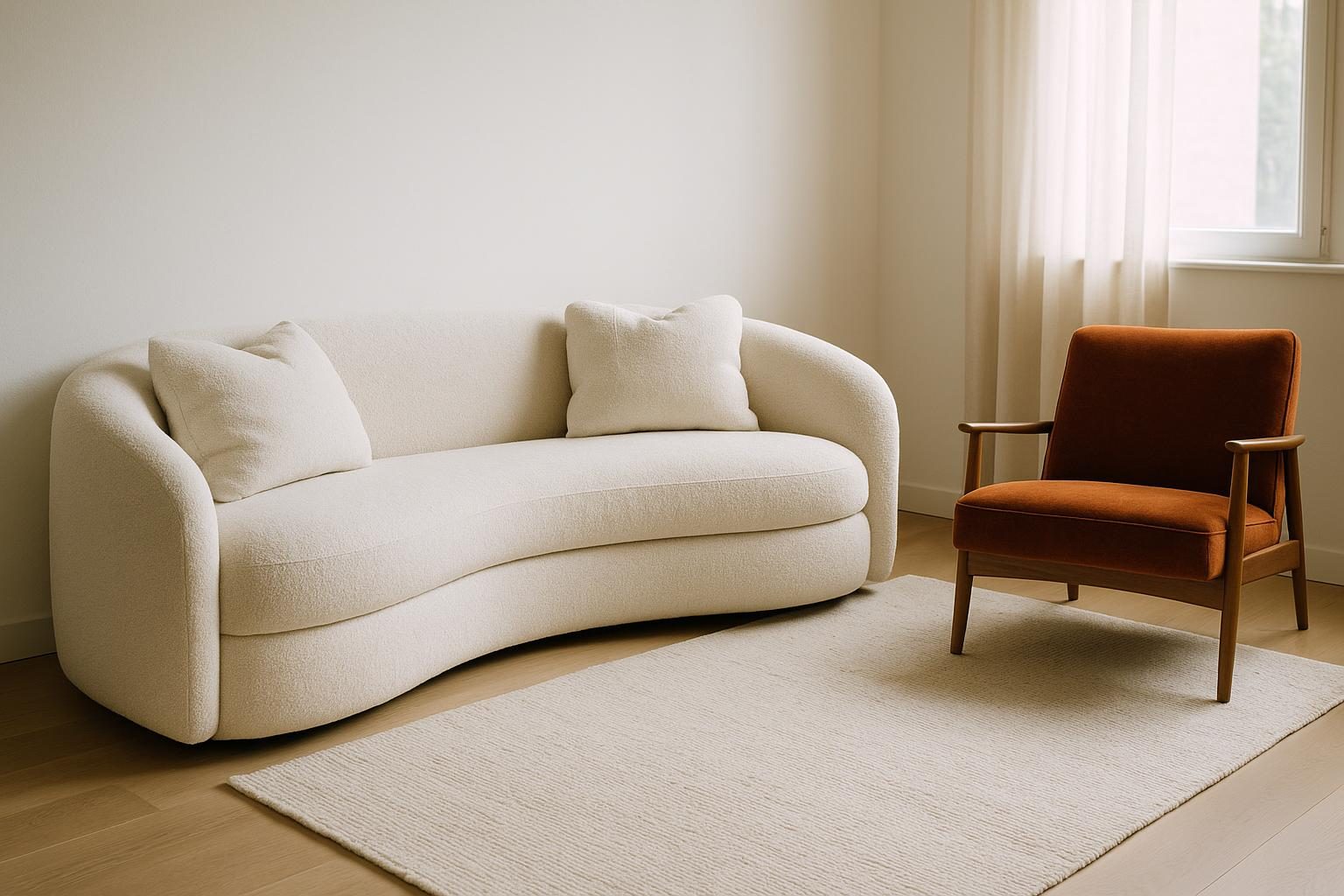 Custom curved ivory boucle sofa beside a mid-century armchair re-covered in rust velvet